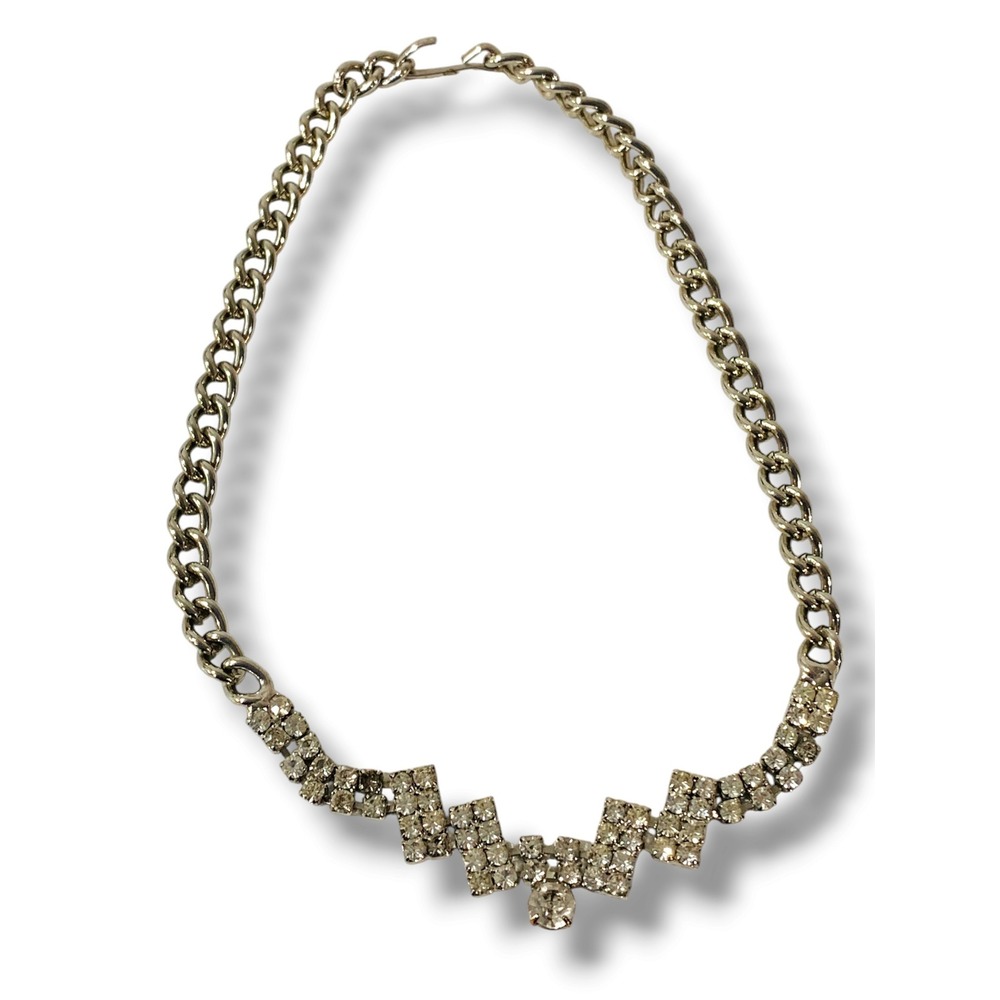 Silvertone Rhinestone Necklace Hook Closure Geometric 14"